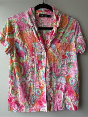 Lauren Ralph Lauren Pink Multi Paisley Short-Sleeve Button PJ Shirt medium